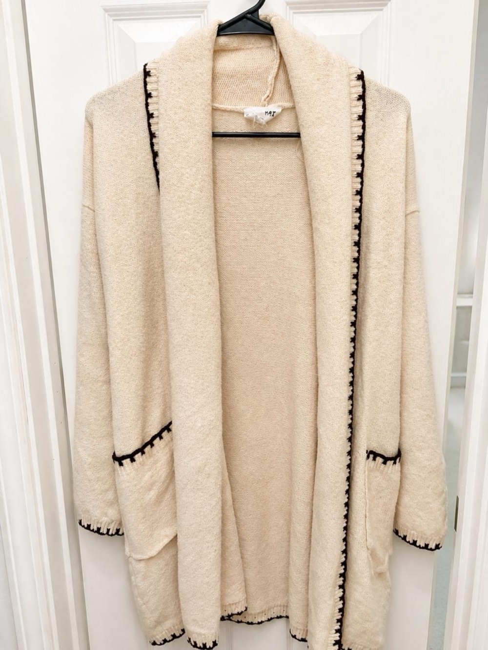 Olive & Oak Cream Open-Front Shawl Cardigan with Black Trim